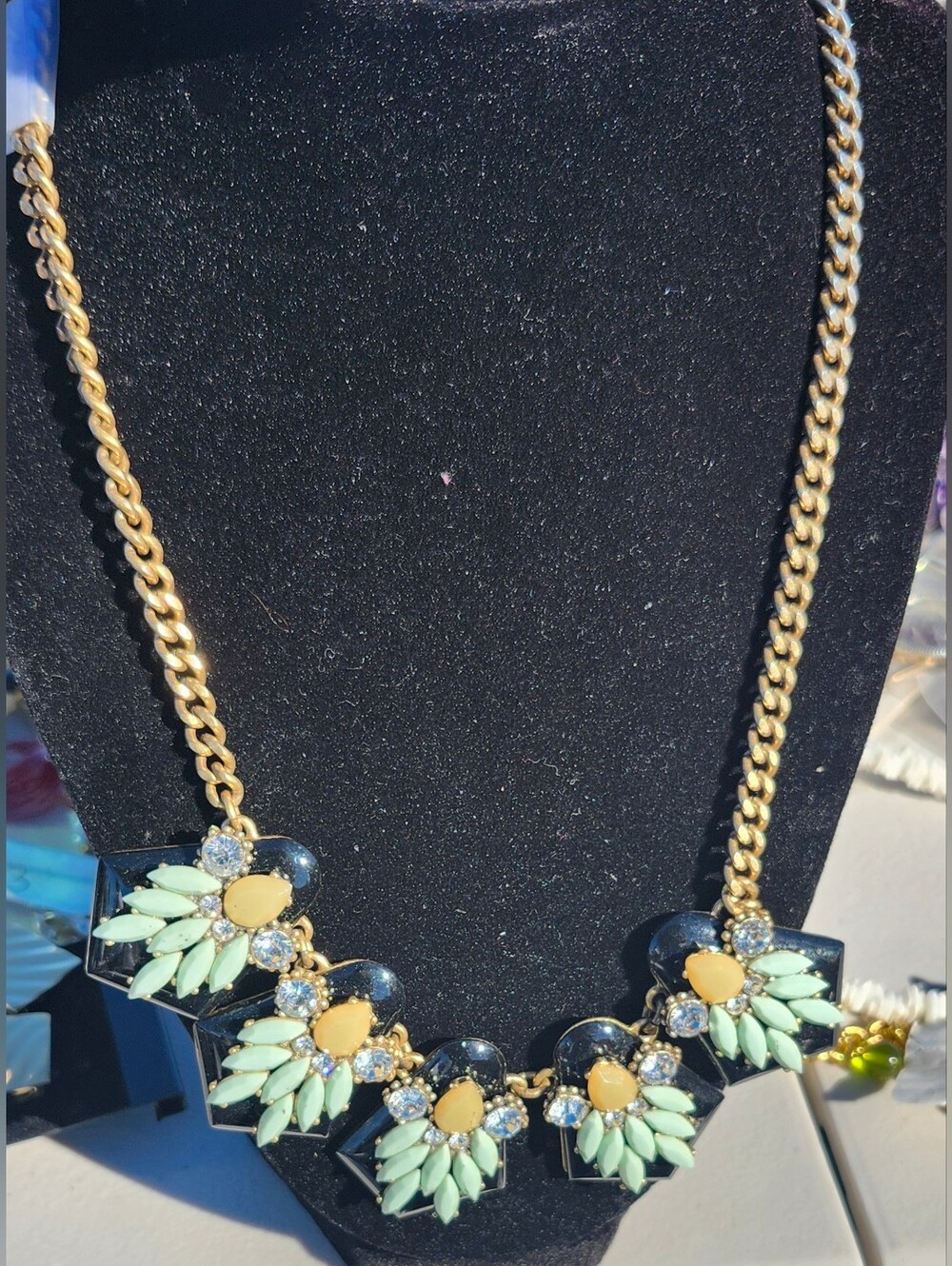Gold-Tone Necklace with Mint Green and Pale Yellow Floral Accents